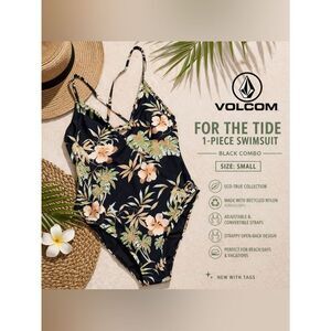 🌴 Volcom For The Tide 1-Piece Swimsuit | Black Tropical Floral | Size Small NWT